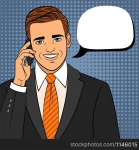 Comic man with phone. Retro pop art friendly person face with cellphone vector illustration. Pop art man with phone