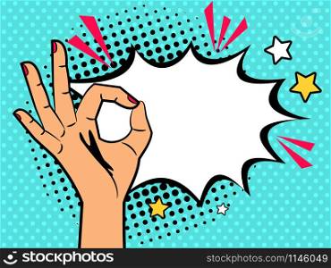 Comic ok sign. Hand of cartoon vintage woman with ok gesture and text burst box vector illustration. Comic ok hand sign