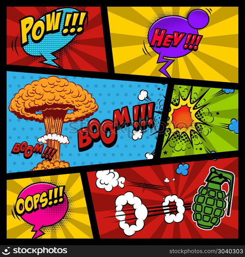 Comic page mockup with color background. Bomb, dynamite, explosions. Design element for poster, card, print, banner, flyer. Vector image. Comic page mockup with color background. Bomb, dynamite, explosions. Design element for poster, card, print, banner, flyer.