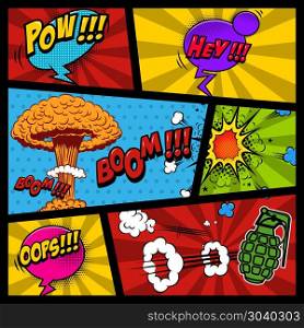 Comic page mockup with color background. Bomb, dynamite, explosions. Design element for poster, card, print, banner, flyer. Vector image. Comic page mockup with color background. Bomb, dynamite, explosions. Design element for poster, card, print, banner, flyer.