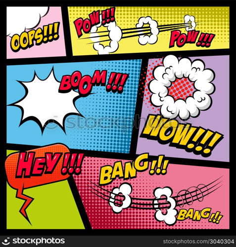 Comic page mockup with color background. Bomb, dynamite, explosions. Design element for poster, card, print, banner, flyer. Vector image. Comic page mockup with color background. Bomb, dynamite, explosions. Design element for poster, card, print, banner, flyer.