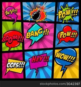 Comic page mockup with color background. pop art speech bubbles. Design element for poster, card, print, banner, flyer. Vector image. Comic page mockup with color background. pop art speech bubbles. Design element for poster, card, print, banner, flyer.