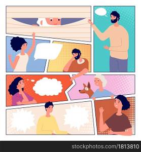 Comic page. People communication, comics poster design. Man woman and speech bubbles, person peeking and greetings vector illustration. Speech comic book page with people chat. Comic page. People communication, comics poster design. Man woman and speech bubbles, person peeking and greetings vector illustration