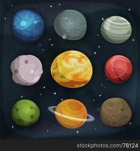 Comic Planets Set On Space Background. Illustration of a set of various comic planets, moons, asteroid and earth globes on scifi starry space background