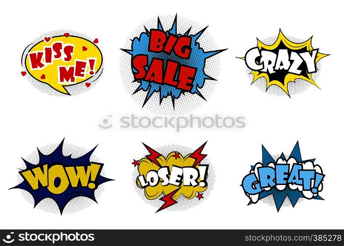 Comic pop art speech bubbles and splashes set with different emotions and text Wow,Big Sale, Kiss me, Great,Crazy, Loser. Vector bright dynamic cartoon illustrations isolated on white background.. Comic pop art speech bubbles and splashes set with different emo
