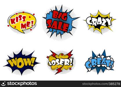 Comic pop art speech bubbles and splashes set with different emotions and text Wow,Big Sale, Kiss me, Great,Crazy, Loser. Vector bright dynamic cartoon illustrations isolated on white background.. Comic pop art speech bubbles and splashes set with different emo