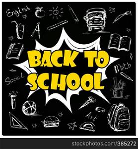Comic pop art text - back to school background with school objects and icons,cartoon vector illustration. Comic pop art text - back to school background with school objec