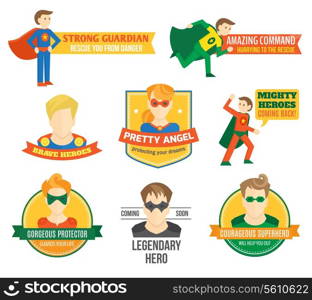 Comic popart superhero emblems and labels in red yellow green color vector illustraiton