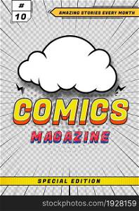 Comic poster template. Art comics book cover, blank retro magazine card. Flyer or brochure with cartoon cloud and 3d letters decent vector element. Illustration of book cover, comic poster splash. Comic poster template. Art comics book cover, blank retro magazine card. Flyer or brochure with cartoon cloud and 3d letters decent vector element