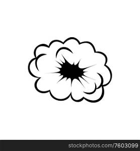 Comic puff or boom symbol isolated cloud black in center. Vector bang burst bubble, explosion cloud. Boom or kick cloud bubble isolated explode