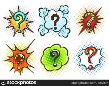 Comic question marks. Comic question marks. Pop art speech bubble question mark box set isolated on white background, vector illustration