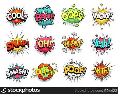 Comic sign clouds. Boom bang, wow and cool speech bubbles. Burst cloud expressions, comics mems humor dialogue bubbles or superheroes speak explode. Isolated cartoon vector signs set. Comic sign clouds. Boom bang, wow and cool speech bubbles. Burst cloud expressions cartoon vector set