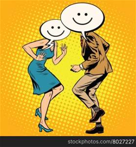 Comic smiley Emoji dancers man woman pop art retro vector. Dance and romance. Couple in love vector. Comic smiley Emoji dancers man woman