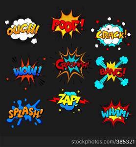 Comic sound effect set, colored pictures with text on grey background. Comic sound effect set