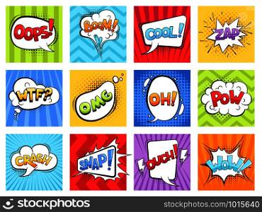 Comic sounds. Cartoon explode stripped burst frames and speech bubbles with words boom vector retro template. Illustration of bubble speech expression. Comic sounds. Cartoon explode stripped burst frames and speech bubbles with words boom vector retro template