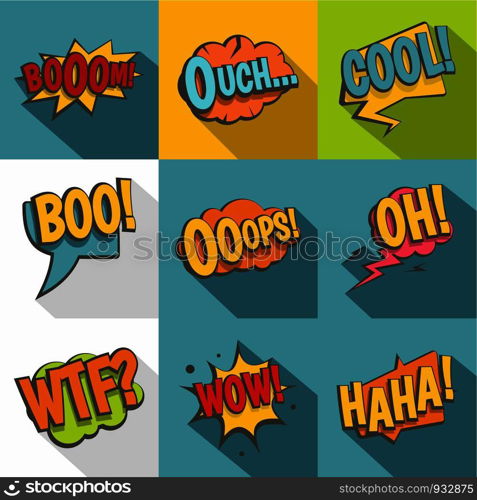 Comic sounds icon set. Flat style set of 9 comic sounds vector icons for web design. Comic sounds icon set, flat style