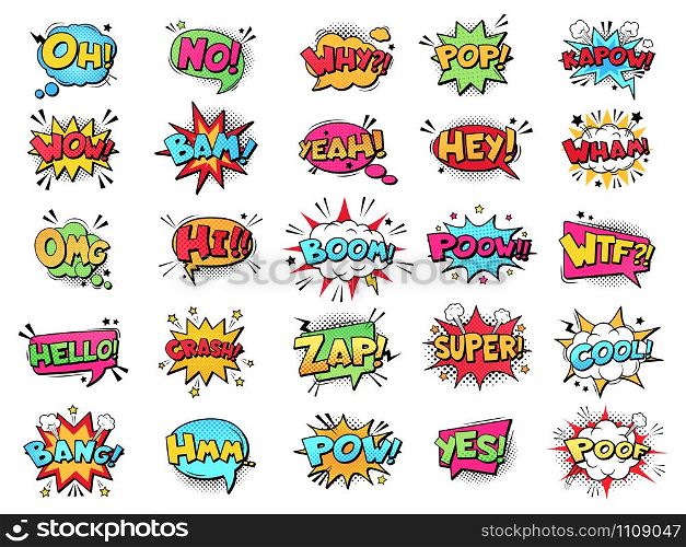 Comic speech bubble. Cartoon comic book text clouds. Comic pop art book pow, oops, wow, boom exclamation signs vector comics words set. Creative retro balloons with funny slang phrases and expressions. Comic speech bubble. Cartoon comic book text clouds. Comic pop art book pow, oops, wow, boom exclamation signs vector comics words set. Creative retro balloons with slang phrases and expressions