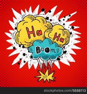 Comic speech bubble colored sketch poster with bomb explosion elements vector illustration