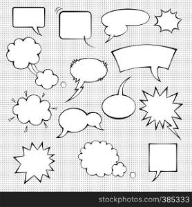 Comic speech bubble set, monochrome templates on dotted background. Comic speech bubble set