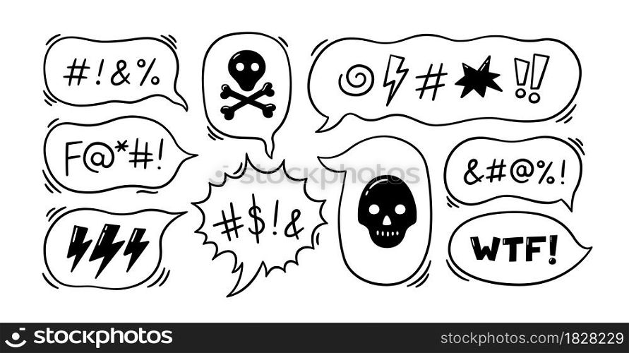 Comic speech bubble with swear words symbols. Hand drawn speech bubble with curses, lightning, skull, bomb and bones. Vector illustration isolated in doodle style on white background.. Comic speech bubble with swear words symbols. Hand drawn speech bubble with curses, lightning, skull, bomb and bones. Vector illustration isolated in doodle style on white background