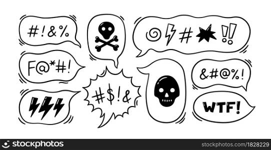 Comic speech bubble with swear words symbols. Hand drawn speech bubble with curses, lightning, skull, bomb and bones. Vector illustration isolated in doodle style on white background.. Comic speech bubble with swear words symbols. Hand drawn speech bubble with curses, lightning, skull, bomb and bones. Vector illustration isolated in doodle style on white background