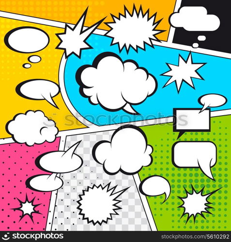 Comic speech bubbles and comic strip on colorful halftone background vector illustration