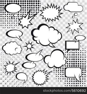 Comic speech bubbles and comic strip on monochrome halftone background vector illustration