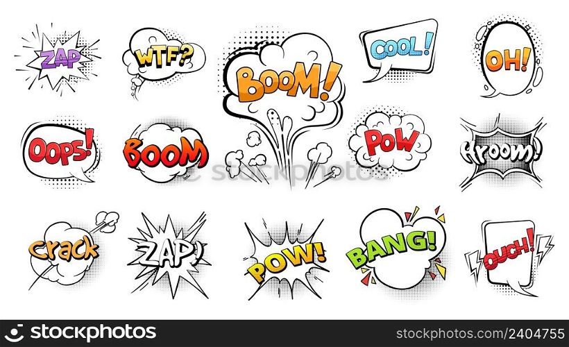 Comic speech bubbles collection. Isolated clouds with text, cartoon explosion vector set. Illustration of cloud comic collection, explosion with text. Comic speech bubbles collection. Isolated clouds with text, cartoon explosion vector set