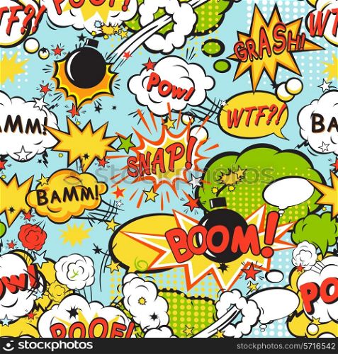 Comic speech bubbles in pop art style with bomb cartoon and explosion text seamless pattern vector illustration