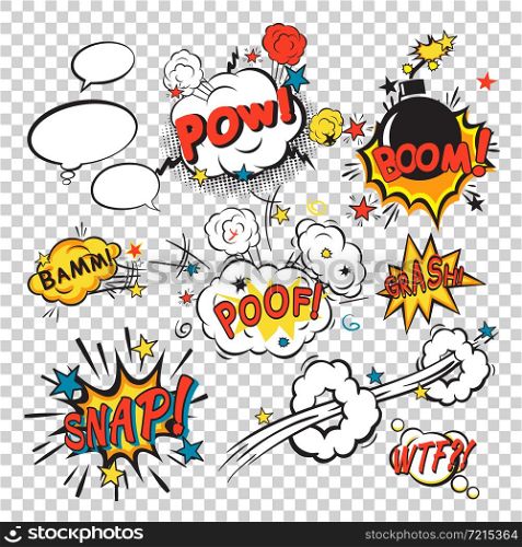 Comic speech bubbles in pop art style with bomb cartoon and explosion text vector illustration