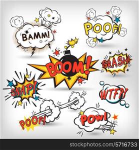 Comic speech bubbles in pop art style with bomb cartoon explosion splach powl snap boom poof text set vector illustration