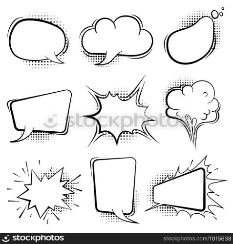 Comic speech bubbles. Retro cartoon balloon splashes shapes for book art vector template. Illustration of cloud bubble, balloon message for chat and speech. Comic speech bubbles. Retro cartoon balloon splashes shapes for book art vector template