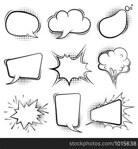 Comic speech bubbles. Retro cartoon balloon splashes shapes for book art vector template. Illustration of cloud bubble, balloon message for chat and speech. Comic speech bubbles. Retro cartoon balloon splashes shapes for book art vector template