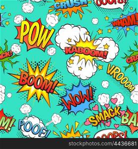 Comic Speech Bubbles Seamless Pattern Background . Comics speech and exclamations boom wow bubbles clouds seamless pattern with bright green background abstract vector illustration