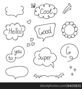 Comic speech bubbles set vector in hand drawn style. Massages and talk signs for app, web.Comic sketch explosions. cute speech bubble with doodle style text. Empty speech, communication balloons.. Comic speech bubbles set vector in hand drawn style. Massages and talk signs for app, web.