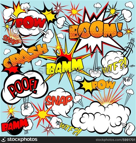Comic speech bubbles set with bombs and explosions signs vector illustration. Comic Speech Bubbles