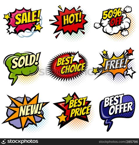 Comic speech bubbles with promo words. Discount, sale and shopping cartoon banners vector set. Discount label and best offer illustration. Comic speech bubbles with promo words. Discount, sale and shopping cartoon banners vector set