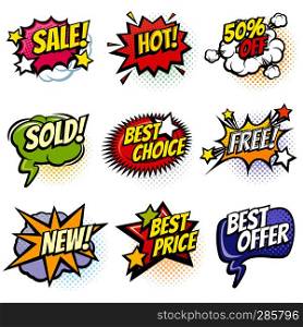 Comic speech bubbles with promo words. Discount, sale and shopping cartoon banners vector set. Discount label and best offer illustration. Comic speech bubbles with promo words. Discount, sale and shopping cartoon banners vector set