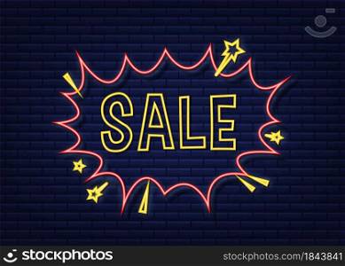 Comic speech bubbles with text Sale. Neon icon. Symbol, sticker tag, special offer label, advertising badge. Vector stock illustration. Comic speech bubbles with text Sale. Neon icon. Symbol, sticker tag, special offer label, advertising badge. Vector stock illustration.