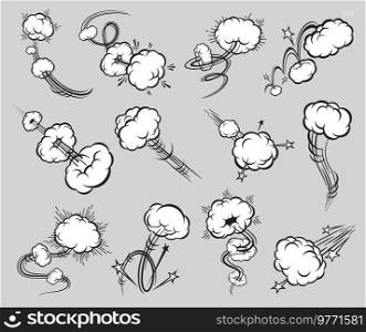 Comic speed motion effects of speed trails and puff clouds, vector jump or blast bubbles. Cartoon spiral motion puff cloud trails of rocket launch or air smoke motion, explode pop or punch effect. Comic speed motion effect, speed trail puff clouds