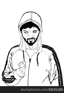 Comic style drawing of a drug dealer in black and white