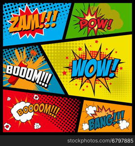 Comic style phrases in frames. Cartoon explosion. Zam. Pow. Bang. Boom. Wow. Vector illustration.