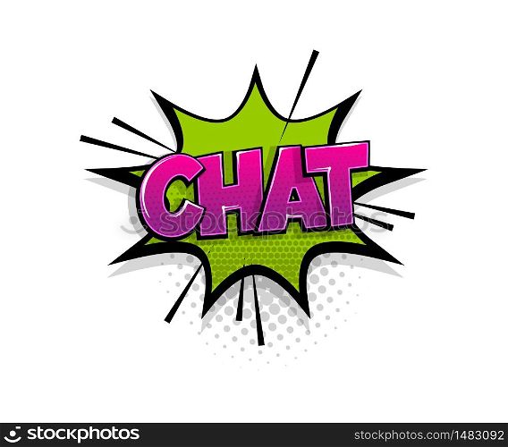 Comic text Chat on speech bubble cartoon pop art style. Colorful halftone speak bubble cloud background. Retro humor chat tag template. Comic text icon sticker.. Comic text chat speech bubble pop art style