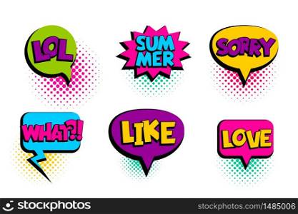 Comic text speech bubble sorry, love, like, summer