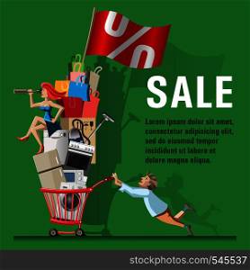 Comic vector illustration Sale. Husband carries shopping trolley filled with full of shopping. For the purchase of the woman sits and looks through a telescope. Concept for web banners and printed materials.
