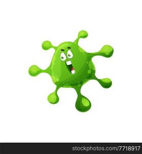 Comic virus isolated green germ mutant, kids illness character. Vector cartoon microorganism emoticon, microbe with big eyes. Bad influenza virus dangerous fever, spreading infection monster. Green virus isolated organism germ, cloud shape