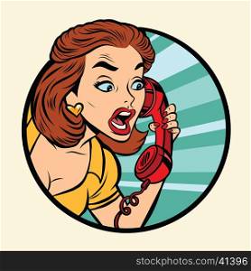 Comic woman talking on retro phone, pop art comic book illustration