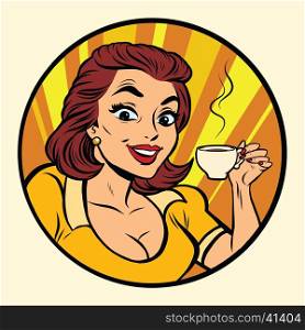 Comic young beautiful woman drinking coffee, pop art retro comic book illustration. Hot drink