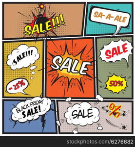 Comics best offer sale promotion bubbles on strip background vector illustration