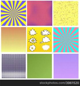 Comics Book Background. Colorful Halftone Patterns. Set of Cartoon Speech Bubbles. Collection Dotted Background.. Comics Book Background. Halftone Patterns..